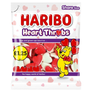 Haribo Heart Throbs 140g pre packed fruity heart shaped gummy sweets from Planet Pick n Mix