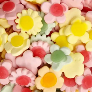 Happy Flowers colourful fruity gummy sweets shaped like smiling flowers from Planet Pick n Mix