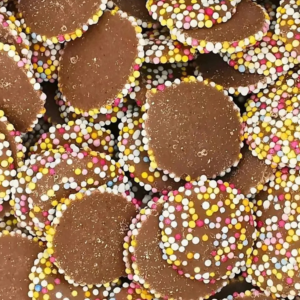 Chocolate Jazzies milk chocolate discs topped with rainbow sprinkles from Planet Pick n Mix
