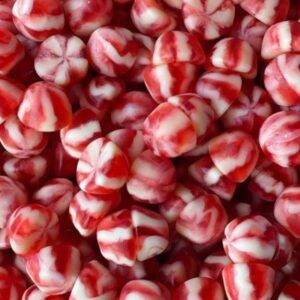 Strawberry twist kisses sweets with red and white swirl design in pick n mix